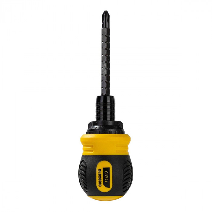 Двухсторонняя отвертка с трещеткой Deli DL626010 PH2+SL6x85мм, сталь CrV, длина: 95-140 мм, диаметр хвостовика 6,3мм.