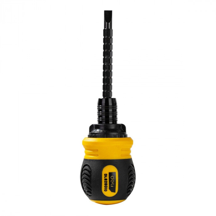 Двухсторонняя отвертка с трещеткой Deli DL626010 PH2+SL6x85мм, сталь CrV, длина: 95-140 мм, диаметр хвостовика 6,3мм.