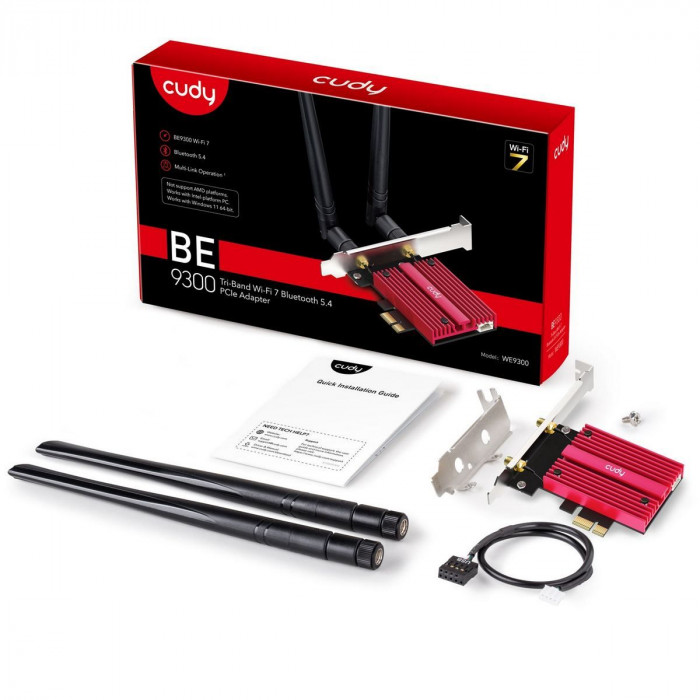 Адаптер беспроводной связи (Wi-Fi) CUDY BE9300 PCI Express Adapter Bluetooth 5.4 PCI Express Adapter with Heatsink,  Intel BE200 module, Tri-band 2T2R, Magnetized antenna base, 2 high gain detachable antennas