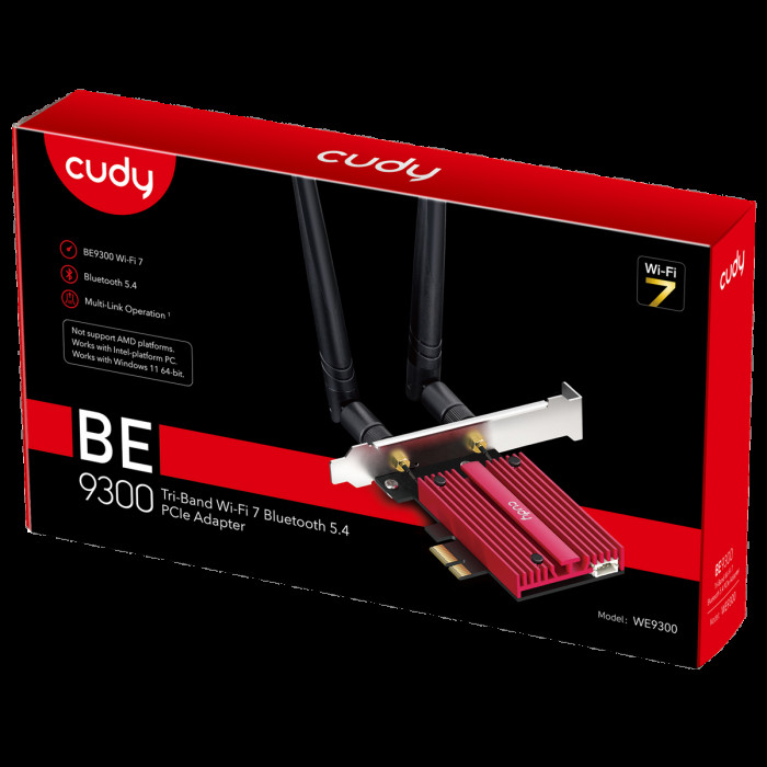 Адаптер беспроводной связи (Wi-Fi) CUDY BE9300 PCI Express Adapter Bluetooth 5.4 PCI Express Adapter with Heatsink,  Intel BE200 module, Tri-band 2T2R, Magnetized antenna base, 2 high gain detachable antennas