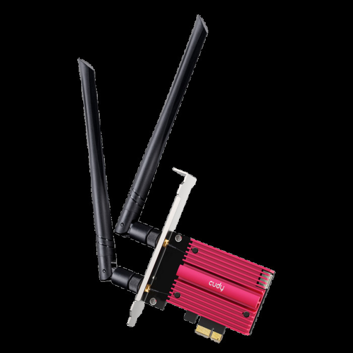 Адаптер беспроводной связи (Wi-Fi) CUDY BE9300 PCI Express Adapter Bluetooth 5.4 PCI Express Adapter with Heatsink,  Intel BE200 module, Tri-band 2T2R, Magnetized antenna base, 2 high gain detachable antennas