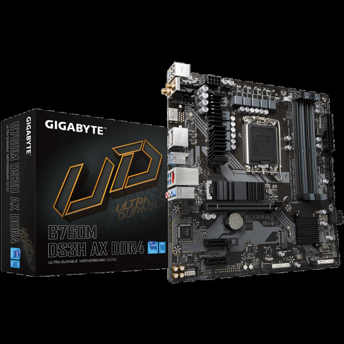 Материнская плата Gigabyte B760M DS3H AX DDR4, Socket 1700, Intel®B760, 4xDDR4-3200, HDMI+DP+DP, 1xPCI-Ex16, 2xPCI-Ex1, 4xSATA3(RAID 0/1/5/10), 2xM.2, 8Ch Audio, GLan, WiFi, (2+4)xUSB2.0, (3+2)xUSB3.2, (1+0)xUSB3.2 Type-C™, 1xPS/2, mATX, RTL