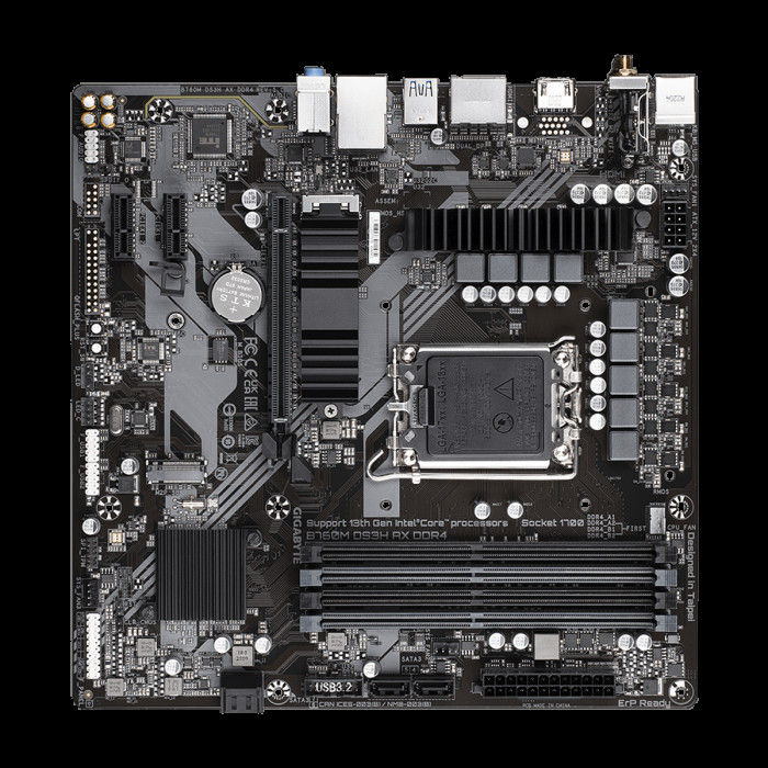 Материнская плата Gigabyte B760M DS3H AX DDR4, Socket 1700, Intel®B760, 4xDDR4-3200, HDMI+DP+DP, 1xPCI-Ex16, 2xPCI-Ex1, 4xSATA3(RAID 0/1/5/10), 2xM.2, 8Ch Audio, GLan, WiFi, (2+4)xUSB2.0, (3+2)xUSB3.2, (1+0)xUSB3.2 Type-C™, 1xPS/2, mATX, RTL