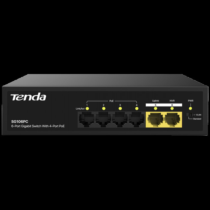 Коммутатор Tenda SG106PC Коммутатор неуправляемый PoE, 6 портов 6x1 Гбит/с, PoE 4х до 30 Вт, 2хUplink, настольный