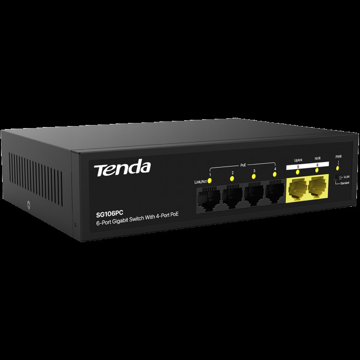 Коммутатор Tenda SG106PC Коммутатор неуправляемый PoE, 6 портов 6x1 Гбит/с, PoE 4х до 30 Вт, 2хUplink, настольный