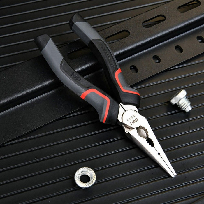 Удлиненные плоскогубцы Deli DL0103 160мм, Cr-V, эксцентриковый шарнир, антикоррозийное покрытие, трехкомпонентная прорезиненная рукоять