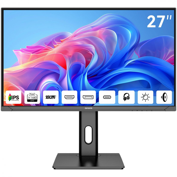 Монитор 27' AIWA MD2714  IPS, 2560x1440, 180Hz, 1ms, 350сd/m, 1200:1, HDR | HDMI(2.0), DP(1.2), Type-C(PD-65W), 2xUSB2.0 | HAS, Pivot, Swivel, ExPSU, Speakers, Vesa 75, Black