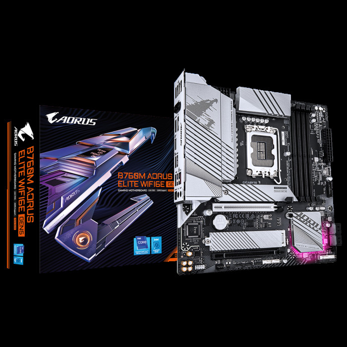 Материнская плата Gigabyte B760M AORUS ELITE WIFI6E GEN5, Socket 1700, Intel®B760, 4xDDR5-4800, HDMI+DP, 2xPCI-Ex16, 4xSATA3(RAID 0/1/5/10), 2xM.2, 8Ch Audio, 1x2.5GLan, WiFi, (4+4)xUSB2.0, (4+2)xUSB3.2, (1+1)xUSB3.2 Type-C™, mATX, RTL
