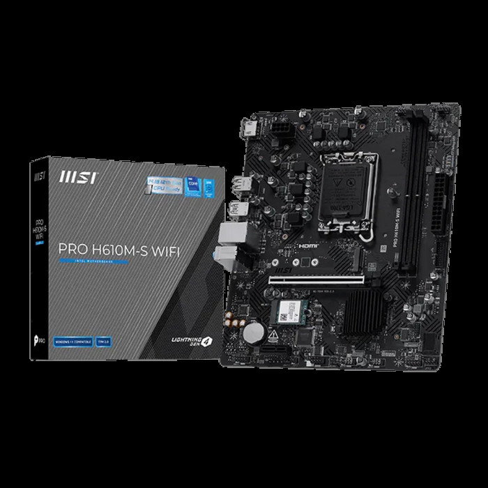 Материнская плата MSI PRO H610M-S WIFI H610, LGA1700, 2*DDR5, 1*PCIEx16, 1*PCIEx1, 1*M.2, 4*USB3.2Gen1, 8*USB2.0, 2*SATA3.0, 1G, HDMI, M-ATX, RTL