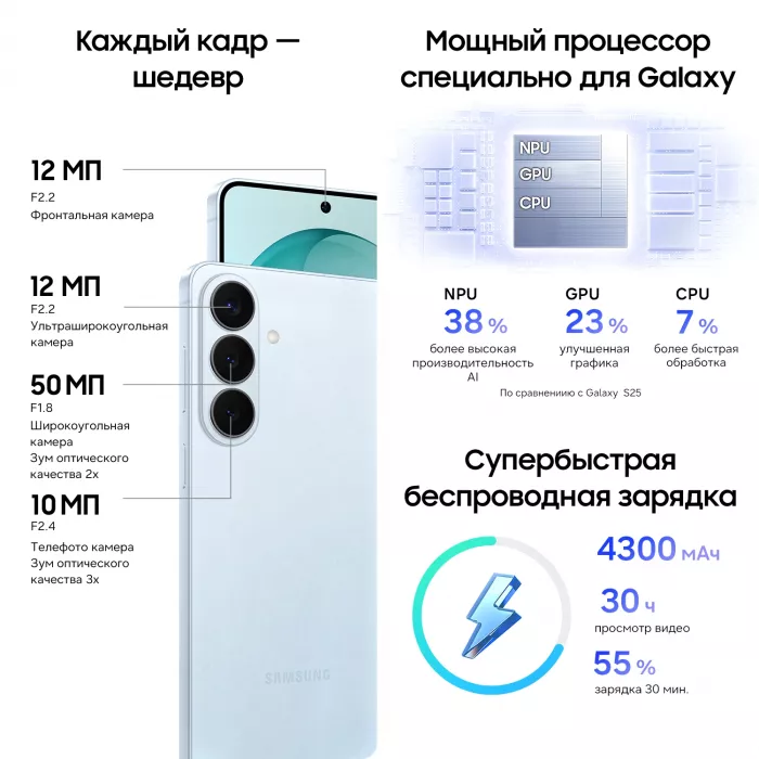 Смартфон Samsung SM-S942B Galaxy S26 256Gb 12Gb голубой моноблок 3G 4G 2Sim 6.3" 1080x2340 Android 16 50Mpix 802.11 a/b/g/n/ac/ax/be NFC GPS GSM900/1800 GSM1900 Protect