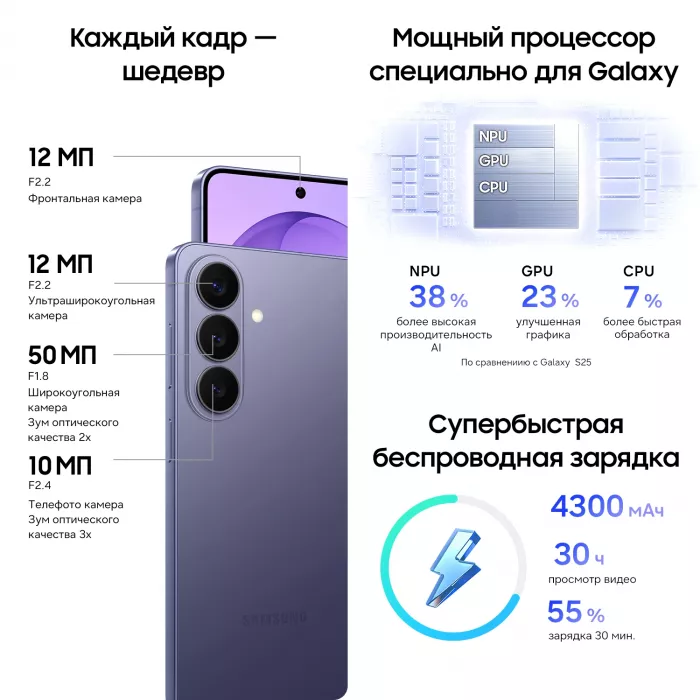 Смартфон Samsung SM-S942B Galaxy S26 512Gb 12Gb фиолетовый моноблок 3G 4G 2Sim 6.3" 1080x2340 Android 16 50Mpix 802.11 a/b/g/n/ac/ax/be NFC GPS GSM900/1800 GSM1900 Protect