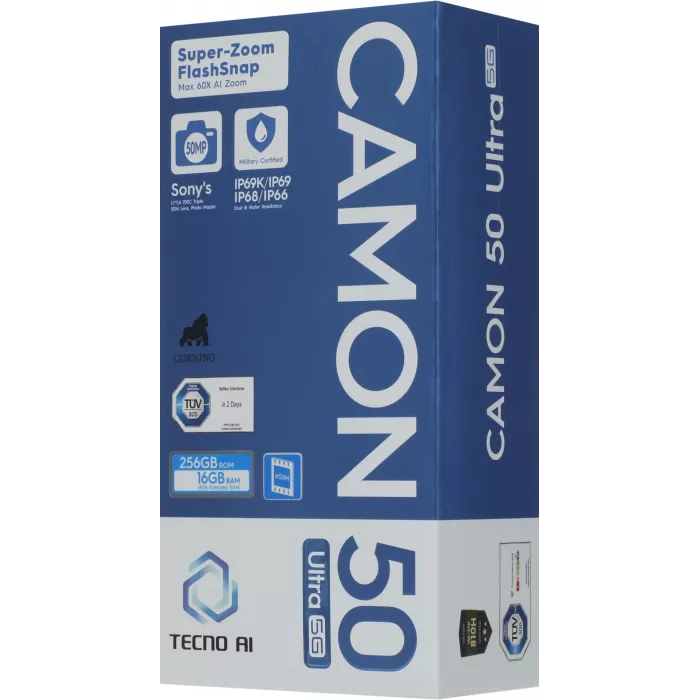 Смартфон Tecno Camon 50 Ultra 5G 256Gb 8Gb титан моноблок 3G 4G 2Sim 6.78" 1208x2644 Android 16 50Mpix 802.11 a/b/g/n/ac/ax NFC GPS GSM900/1800 GSM1900 Protect FM