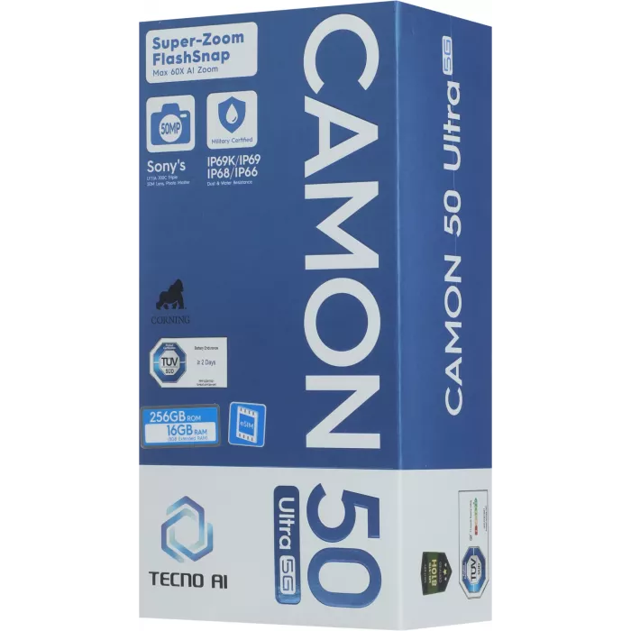 Смартфон Tecno Camon 50 Ultra 5G 256Gb 8Gb зеленый моноблок 3G 4G 2Sim 6.78" 1208x2644 Android 16 50Mpix 802.11 a/b/g/n/ac/ax NFC GPS GSM900/1800 GSM1900 Protect FM