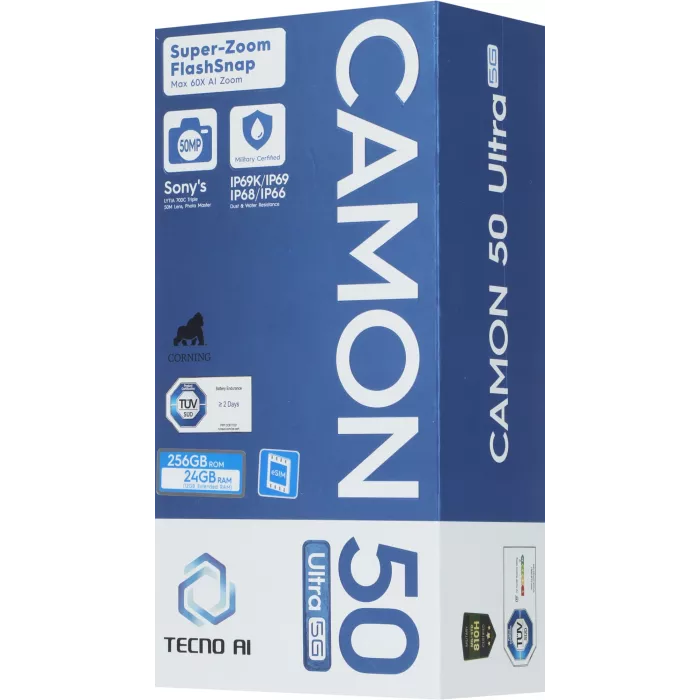 Смартфон Tecno Camon 50 Ultra 5G 256Gb 12Gb зеленый моноблок 3G 4G 2Sim 6.78" 1208x2644 Android 16 50Mpix 802.11 a/b/g/n/ac/ax NFC GPS GSM900/1800 GSM1900 Protect FM