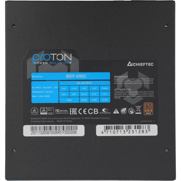 Блок питания Chieftec ATX 650W Proton BDF-650C 80+ bronze (20+4pin) APFC 140mm fan 6xSATA Cab Manag RTL