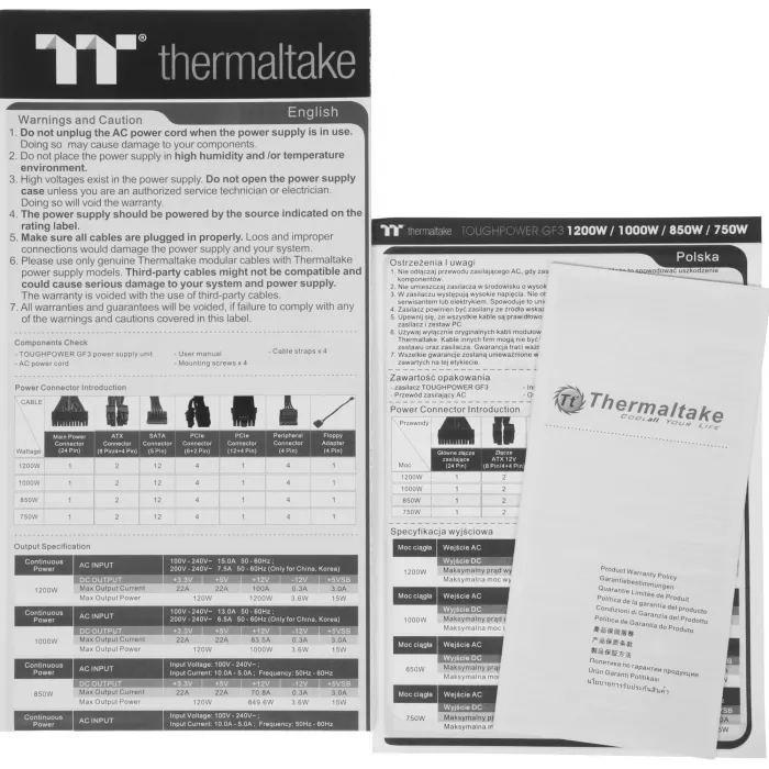 Блок питания Thermaltake ATX 1000W Toughpower GF3 Gen.5 80+ gold 24pin APFC 135mm fan 12xSATA Cab Manag RTL