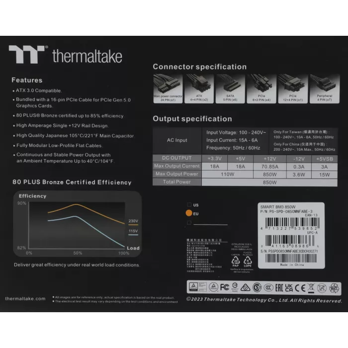 Блок питания Thermaltake ATX 850W Smart BM3 Gen.5 80+ bronze (20+4pin) APFC 120mm fan 6xSATA Cab Manag RTL