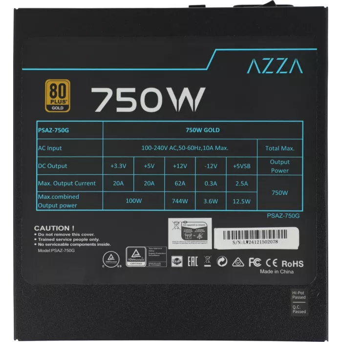 Блок питания Azza ATX 750W PSAZ-750G 80+ gold (20+4pin) APFC 120mm fan 6xSATA Cab Manag RTL