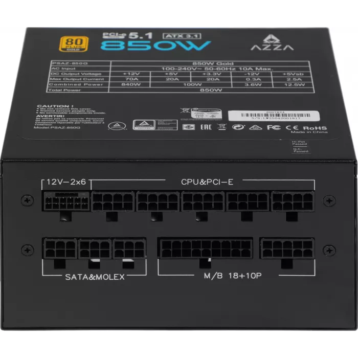 Блок питания Azza ATX 850W PSAZ-850G 80+ gold (20+4pin) APFC 120mm fan 6xSATA Cab Manag RTL