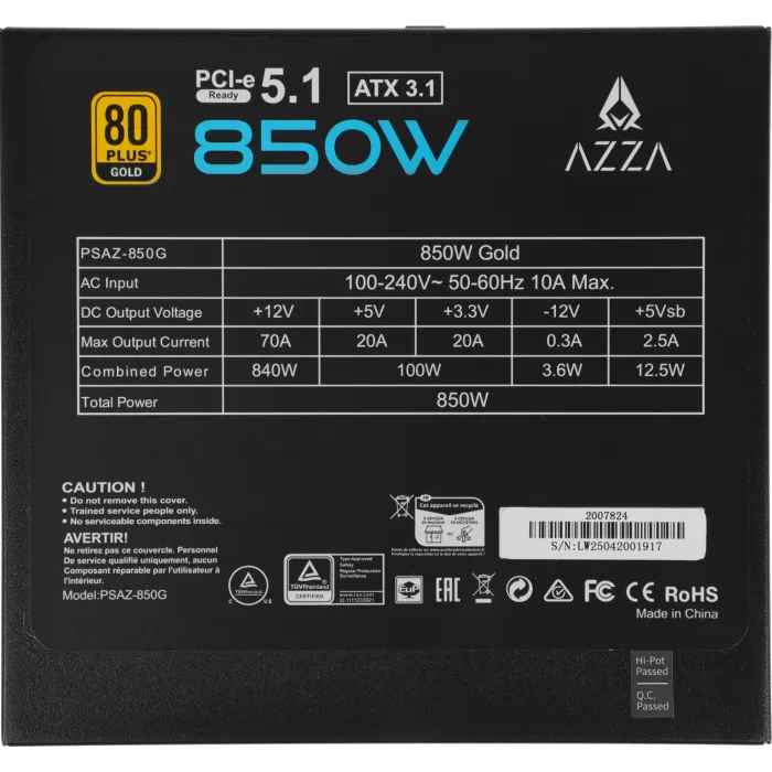 Блок питания Azza ATX 850W PSAZ-850G 80+ gold (20+4pin) APFC 120mm fan 6xSATA Cab Manag RTL