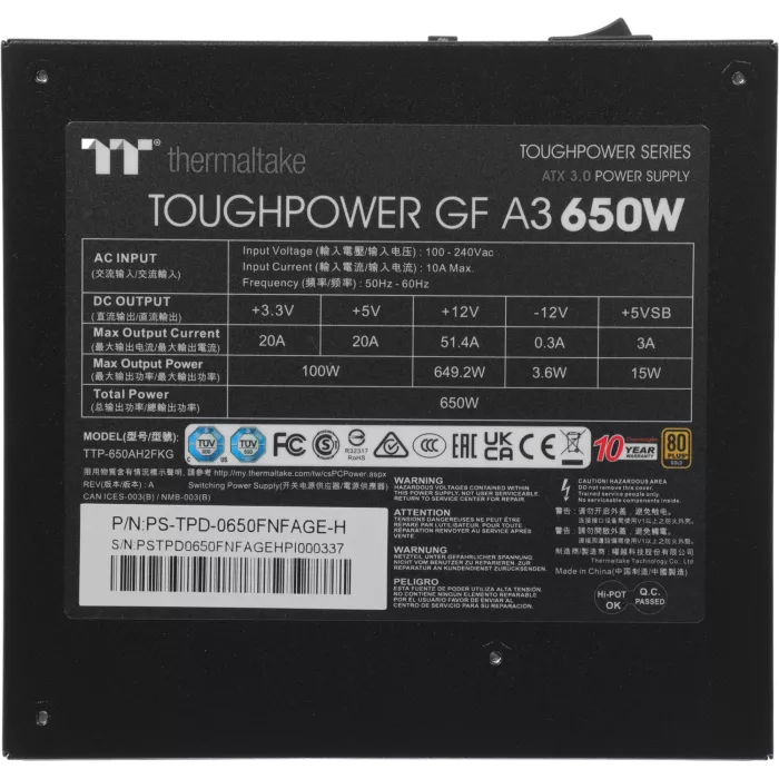 Блок питания Thermaltake ATX 650W Toughpower GF A3 Gen.5 80+ gold (20+4pin) APFC 120mm fan 8xSATA Cab Manag RTL