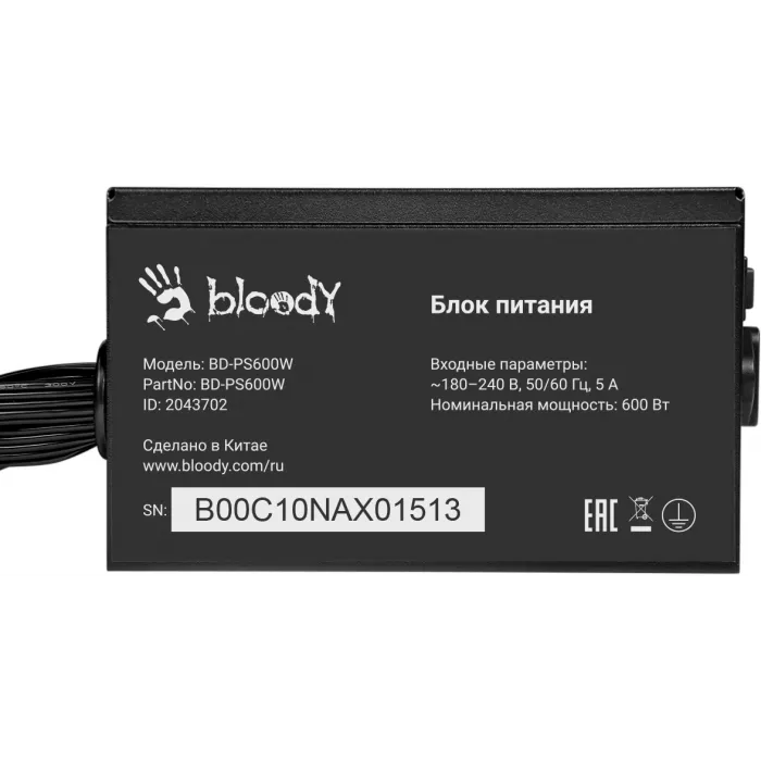 Блок питания Bloody ATX 600W BD-PS600W 80 PLUS WHITE (20+4pin) APFC 120mm fan 6xSATA RTL