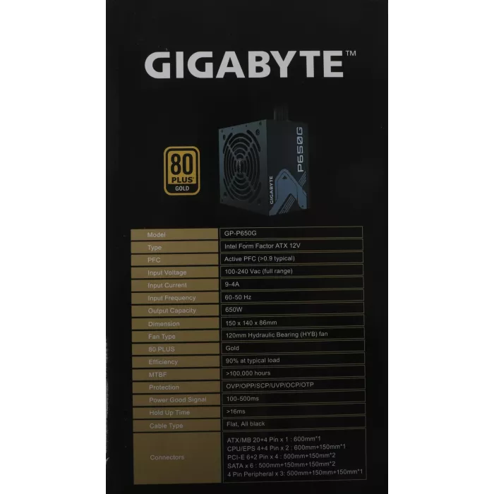 Блок питания Gigabyte ATX 650W GP-P650G PG5 80+ gold (20+4pin) APFC 120mm fan 6xSATA RTL