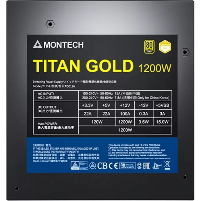 Блок питания Montech ATX 1200W TITAN GOLD Gen.5 80+ gold (20+4pin) APFC 135mm fan 12xSATA Cab Manag RTL