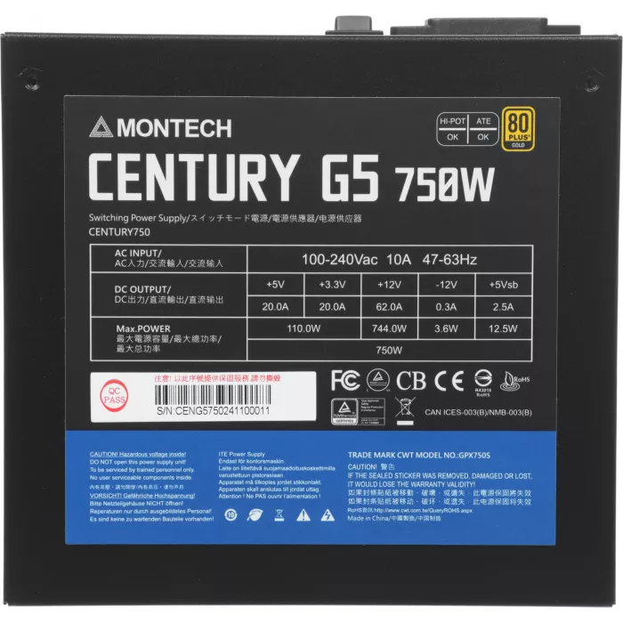 Блок питания Montech ATX 750W CENTURY GOLD G5 80+ gold (20+4pin) APFC 120mm fan 10xSATA Cab Manag RTL