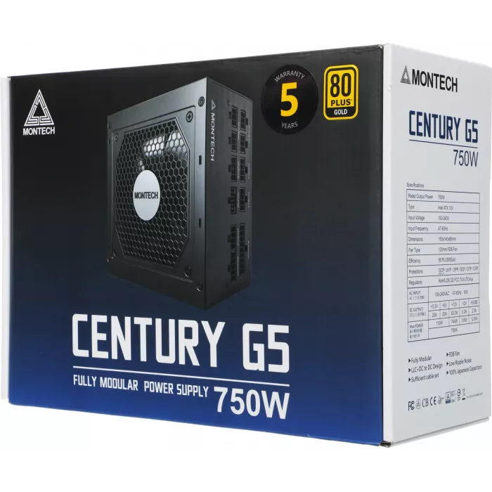 Блок питания Montech ATX 750W CENTURY GOLD G5 80+ gold (20+4pin) APFC 120mm fan 10xSATA Cab Manag RTL