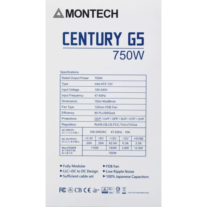 Блок питания Montech ATX 750W CENTURY GOLD G5 80+ gold (20+4pin) APFC 120mm fan 10xSATA Cab Manag RTL