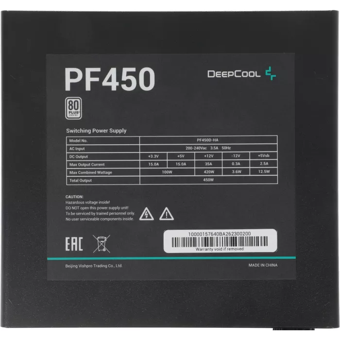 Блок питания Deepcool ATX 450W PF450 80+ white (20+4pin) APFC 120mm fan 6xSATA RTL