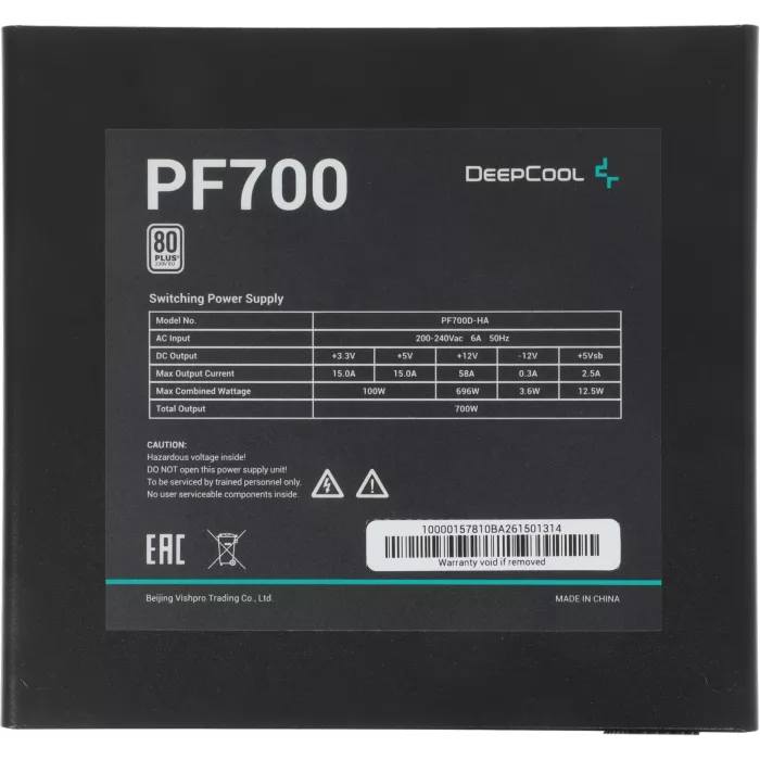 Блок питания Deepcool ATX 700W PF700 80+ white (20+4pin) APFC 120mm fan 6xSATA RTL