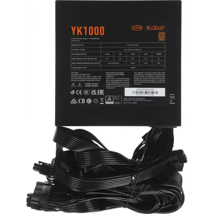 Блок питания PcCooler ATX 1000W YK1000 80+ bronze (20+4pin) APFC 135mm fan 6xSATA Cab Manag RTL