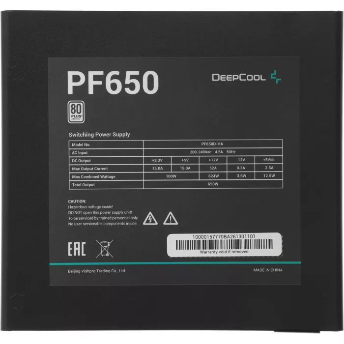 Блок питания Deepcool ATX 650W PF650 80+ white (20+4pin) APFC 120mm fan 6xSATA RTL