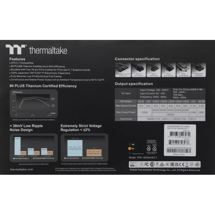 Блок питания Thermaltake ATX 1650W Toughpower TF3 Gen.5 80+ titanium (20+4pin) APFC 140mm fan color LED 16xSATA Cab Manag RTL
