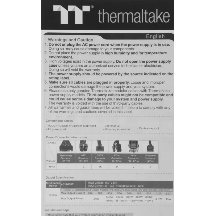 Блок питания Thermaltake ATX 1650W Toughpower TF3 Gen.5 80+ titanium (20+4pin) APFC 140mm fan color LED 16xSATA Cab Manag RTL