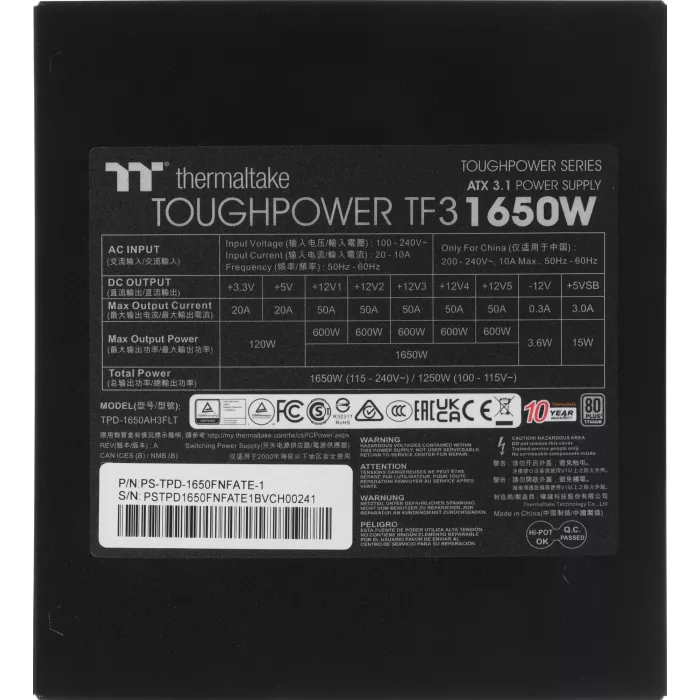 Блок питания Thermaltake ATX 1650W Toughpower TF3 Gen.5 80+ titanium (20+4pin) APFC 140mm fan color LED 16xSATA Cab Manag RTL