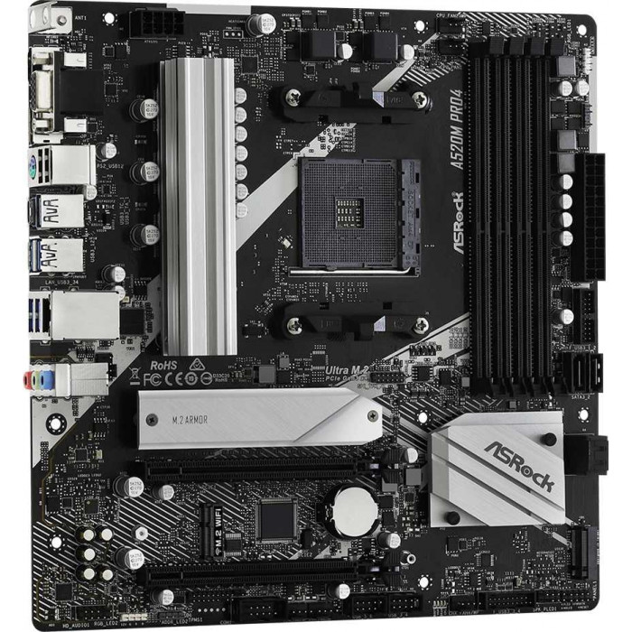 Материнская плата Asrock A520M PRO4 Soc-AM4 AMD A520 4xDDR4 mATX AC`97 8ch(7.1) GbLAN RAID+VGA+HDMI+DP