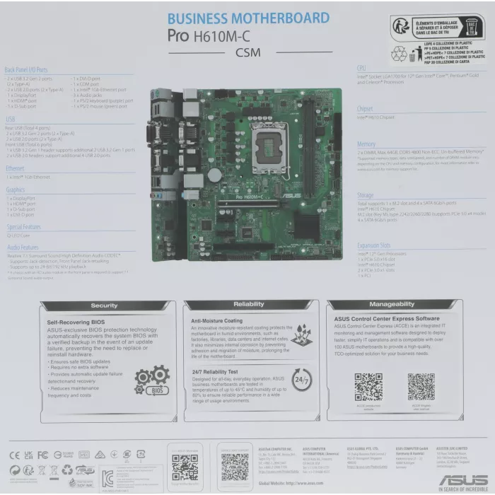 Материнская плата Asus PRO H610M-C-CSM Soc-1700 Intel H610 2xDDR5 mATX AC`97 8ch(7.1) GbLAN+VGA+DVI+HDMI+DP