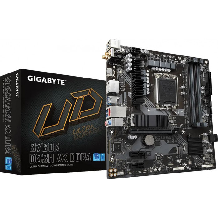 Материнская плата Gigabyte B760M DS3H AX DDR4 Soc-1700 Intel B760 4xDDR4 mATX AC`97 8ch(7.1) 2.5Gg RAID+HDMI+DP