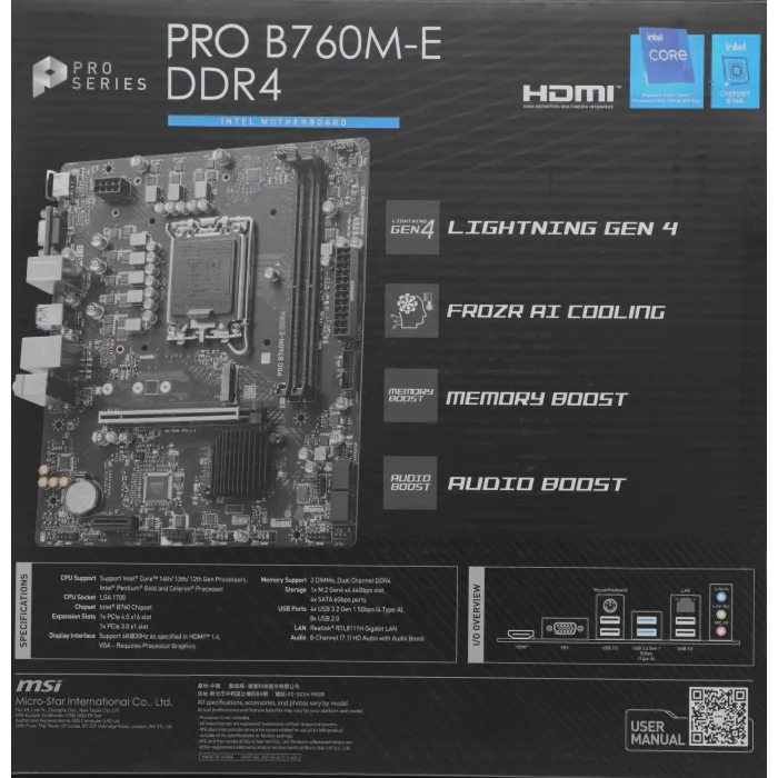 Материнская плата MSI PRO B760M-E DDR4 Soc-1700 Intel B760 2xDDR4 mATX AC`97 8ch(7.1) GbLAN+VGA+HDMI