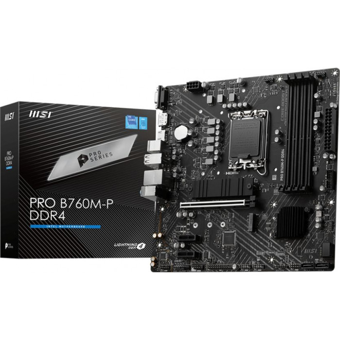 Материнская плата MSI PRO B760M-P DDR4 Soc-1700 Intel B760 4xDDR4 mATX AC`97 8ch(7.1) GbLAN+VGA+HDMI+DP