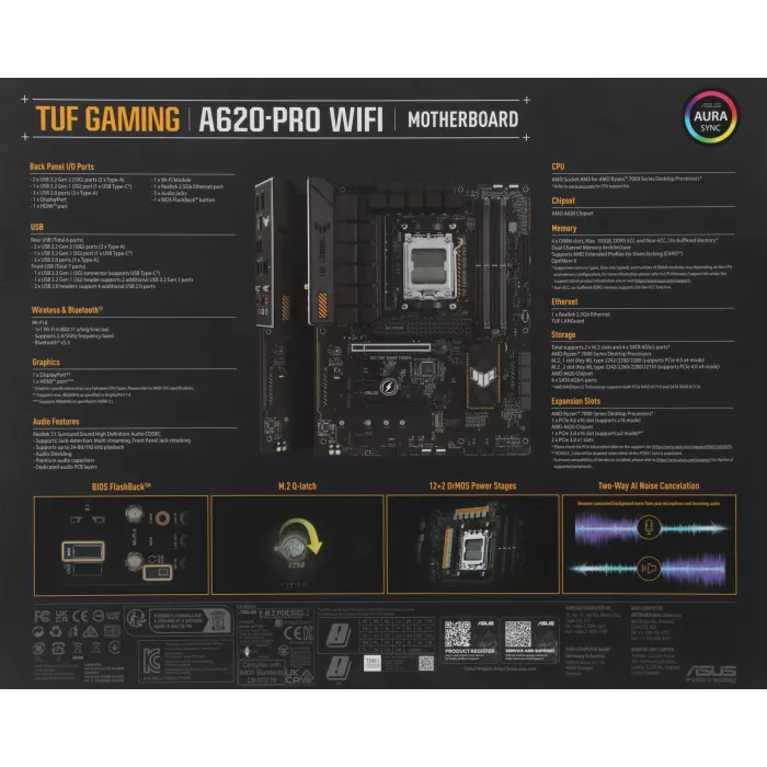 Материнская плата Asus TUF GAMING A620-PRO WIFI Socket AM5 AMD A620 4xDDR5 ATX AC`97 8ch(7.1) 2.5Gg RAID+HDMI+DP