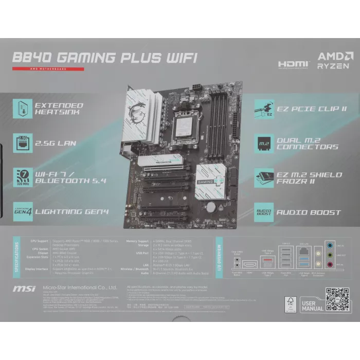Материнская плата MSI B840 GAMING PLUS WIFI  Socket AM5 AMD B840 4xDDR5 ATX AC`97 8ch(7.1) 2.5Gg RAID+HDMI