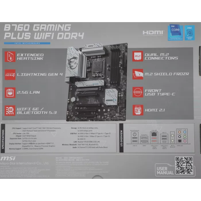 Материнская плата MSI B760 GAMING PLUS WIFI DDR4 Soc-1700 Intel B760 4xDDR4 ATX AC`97 8ch(7.1) 2.5Gg+HDMI+DP