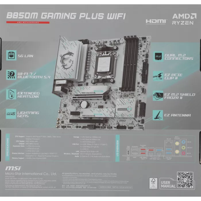 Материнская плата MSI B850M GAMING PLUS WIFI Socket AM5 AMD B850 4xDDR5 mATX AC`97 8ch(7.1) 5Gigabit RAID+HDMI+DP
