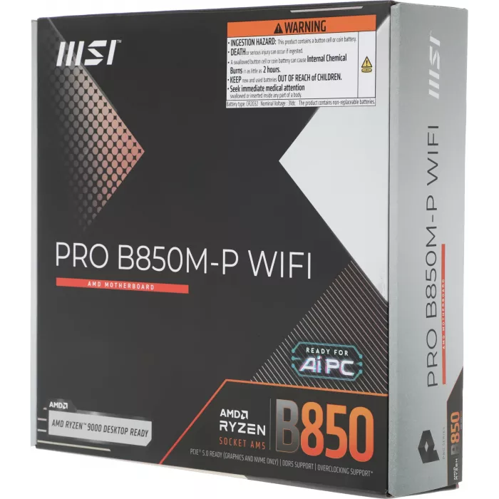 Материнская плата MSI PRO B850M-P WIFI Socket AM5 AMD B850 4xDDR5 mATX AC`97 8ch(7.1) 5Gigabit RAID+HDMI+DP