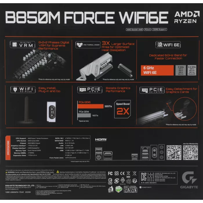 Материнская плата Gigabyte B850M FORCE WIFI6E Socket AM5 AMD B850 2xDDR5 mATX AC`97 8ch(7.1) 2.5Gg RAID+HDMI+DP