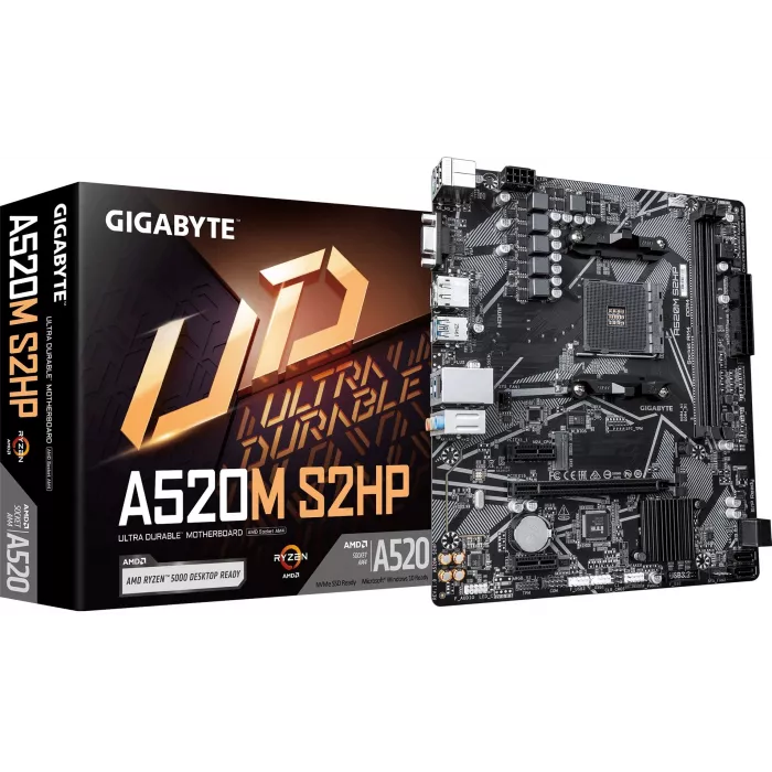 Материнская плата Gigabyte A520M S2HP Soc-AM4 AMD A520 2xDDR4 mATX AC`97 8ch(7.1) GbLAN RAID+VGA+HDMI+DP